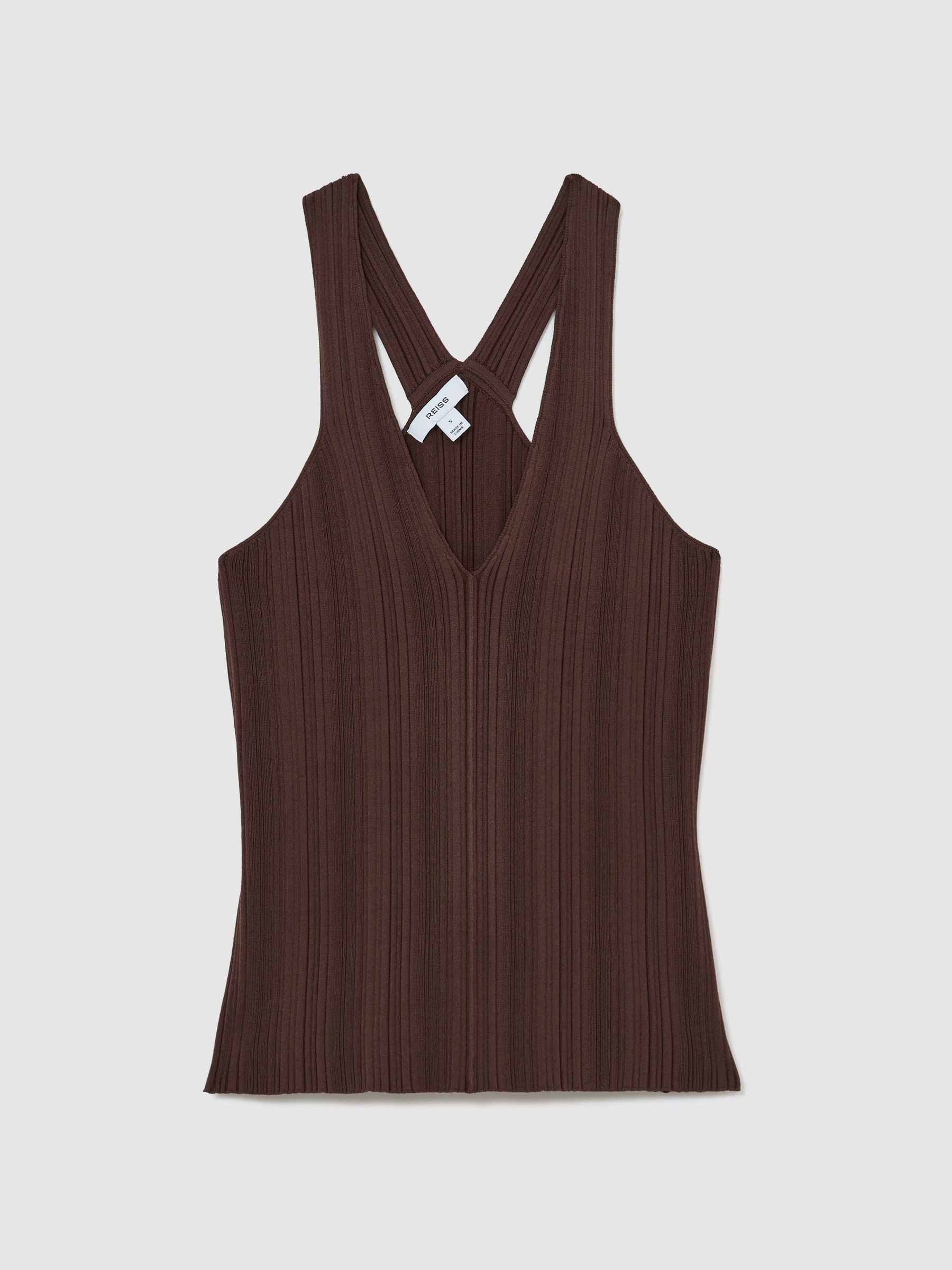 Reiss Pleated Knit V-Neck Vest in Chocolate Brown - REISS | Reiss UK