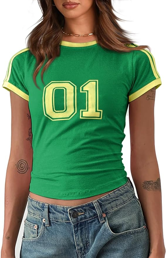 Imily Bela Womens Summer Crop Tops Y2k Baby Tees Cute Letter Print Short Sleeve Vintage T Shirt | Amazon (US)