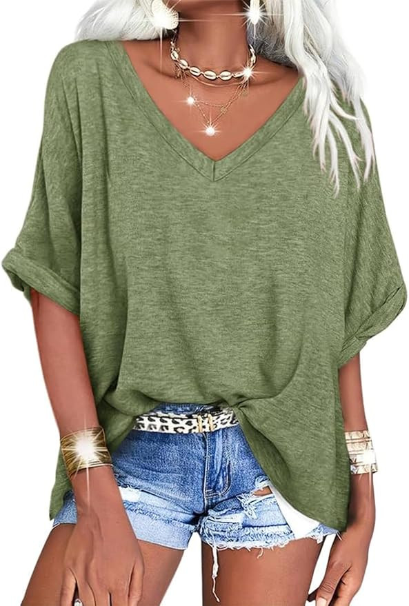 Langwyqu Women's Oversized T Shirts V Neck Short Sleeve Summer Casual Loose Tops Tees | Amazon (US)