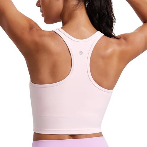 CRZ YOGA Butterluxe Racerback Crop Tank Tops for Women - Padded Y-Back Longline Sports Bras Scoop Neck Workout Yoga Strawberry Pink X-Large | Amazon (US)