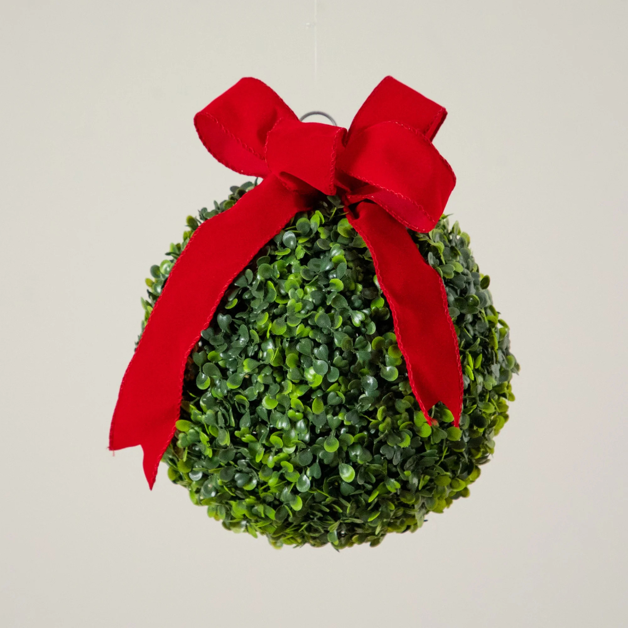 12in. Pre-Lit Artificial Christmas Hanging Boxwood Ornament Ball with Red Bow and 40 LED Lights | Wayfair North America