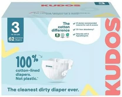 Kudos Chlorine Free Premium Diapers, Cotton-Lined, Size 3, 31 * 2=62 Count, 14-24 lbs | Amazon (US)
