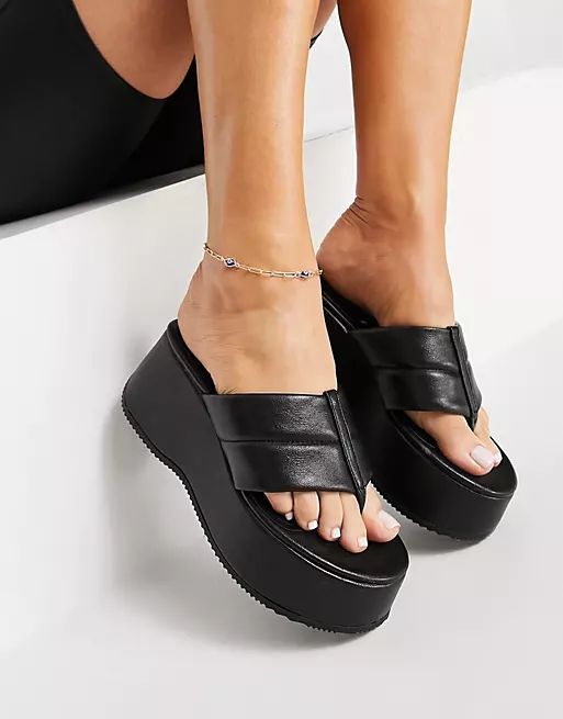 Bershka chunky sole faux leather flip flop in black | ASOS (Global)