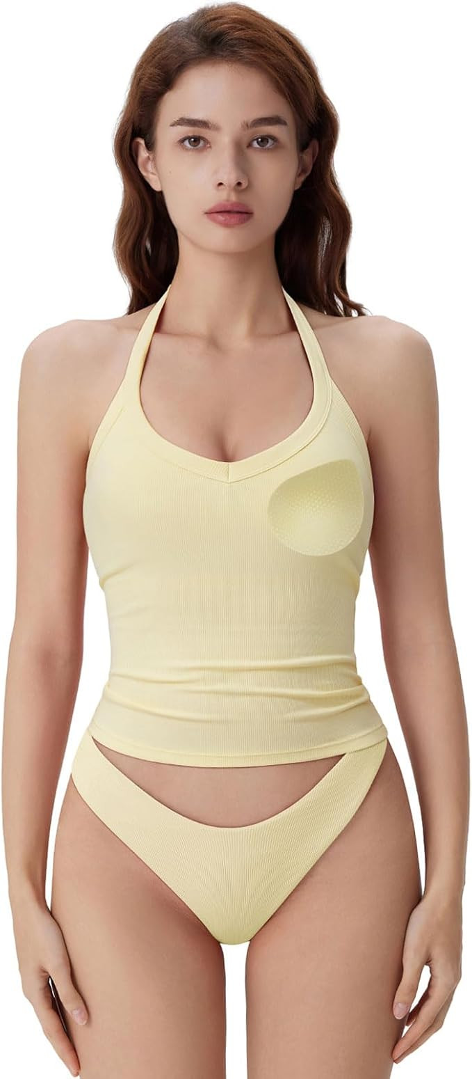 SUUKSESS Halter Tank Top for Women with Built in Bra Cotton Ribbed V Neck Cami | Amazon (US)