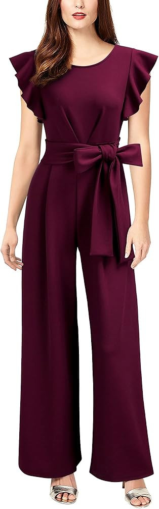 Knitee Women's Vintage Sleeveless Ruffle High Waist Wide Leg Romper Formal Long Jumpsuit with Bel... | Amazon (US)