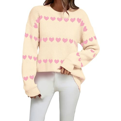 Cute Valentines Sweater for Women,Valentines Sweater Women Love Print Romantic Heart Sweaters Cute Knit Pullover Valentine's Day Outfit(06-Beige,Small) | Amazon (US)