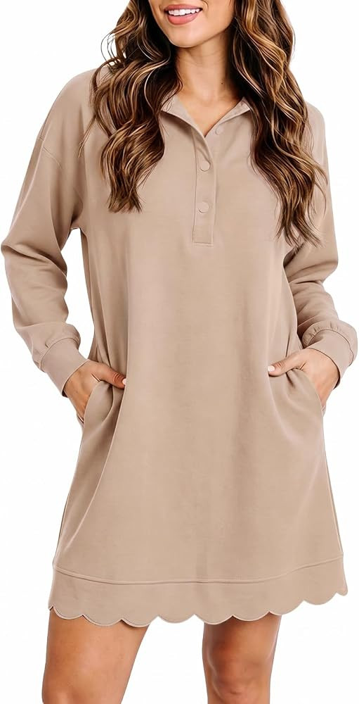 Fisoew Womens T Shirt Mini Dress Casual Long Sleeve V Neck Athletic Dresses | Amazon (US)