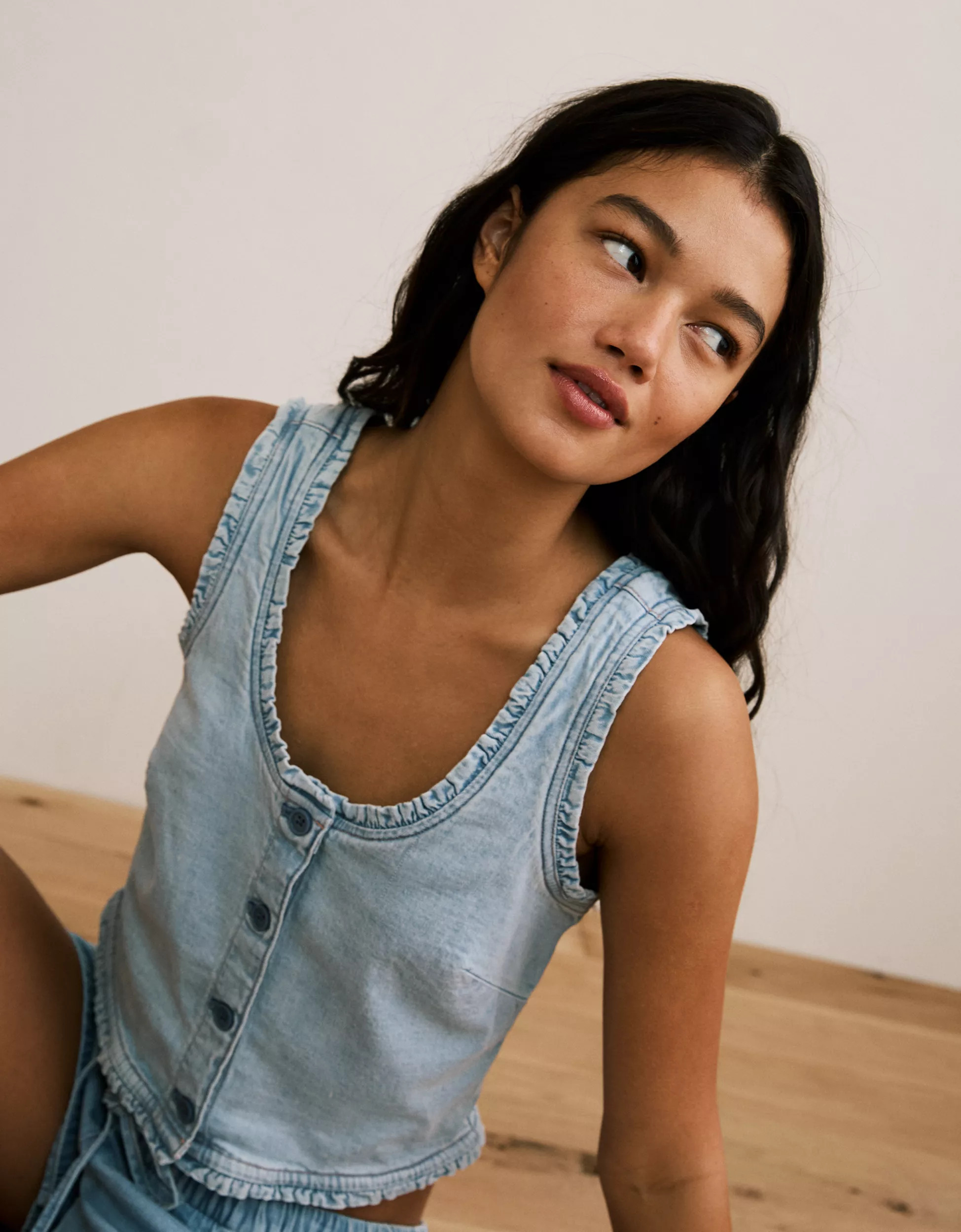 AE Cropped Ruffle Trim Denim Tank Top | American Eagle Outfitters (US & CA)