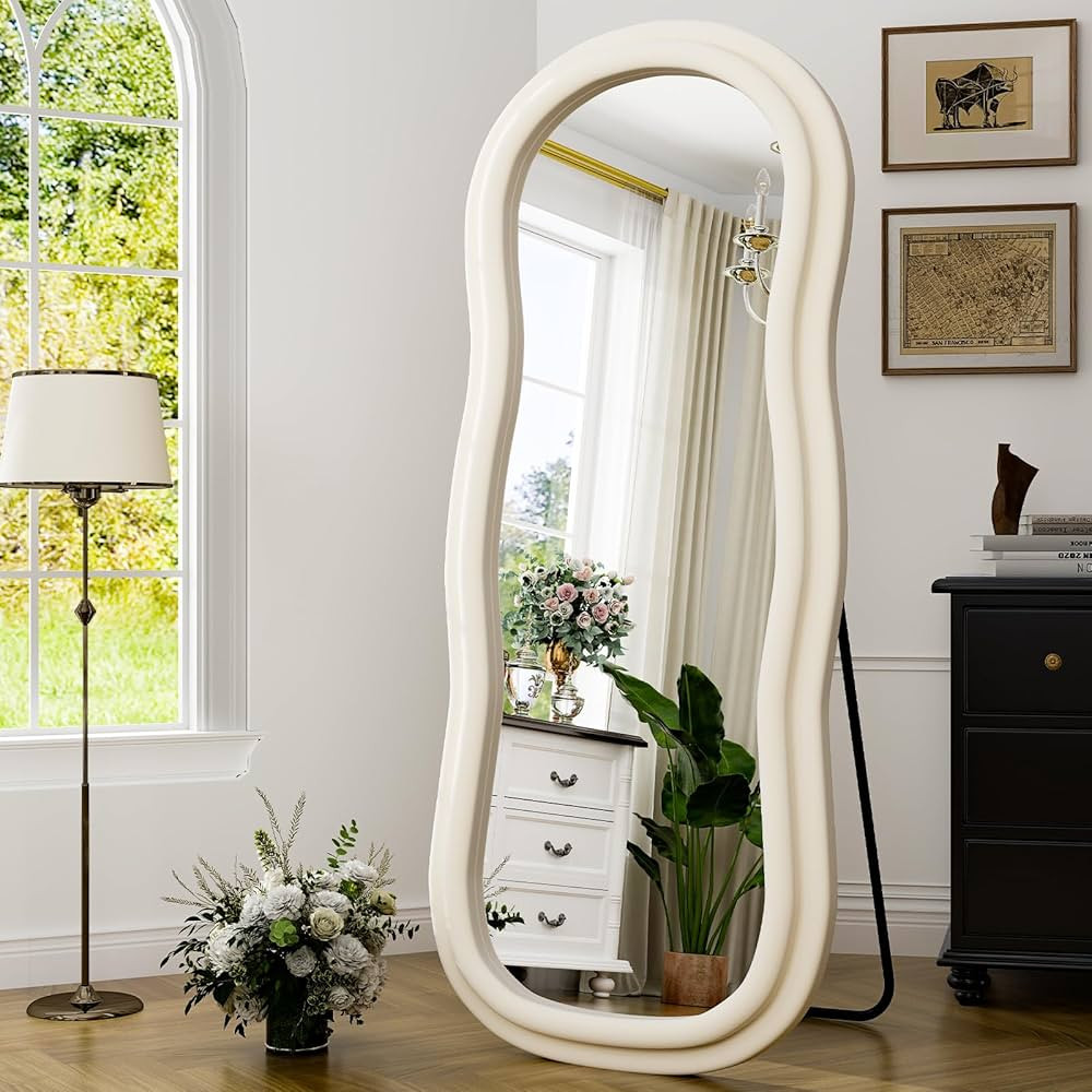 GLSLAND 63" x 24" Irregular Wall Mirror with Flannel-Wrapped Wooden Frame - Full-Length Mirror fo... | Amazon (US)