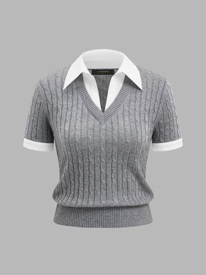 Faux Two‑Piece Wool Blend Cable Knit Top | Commense