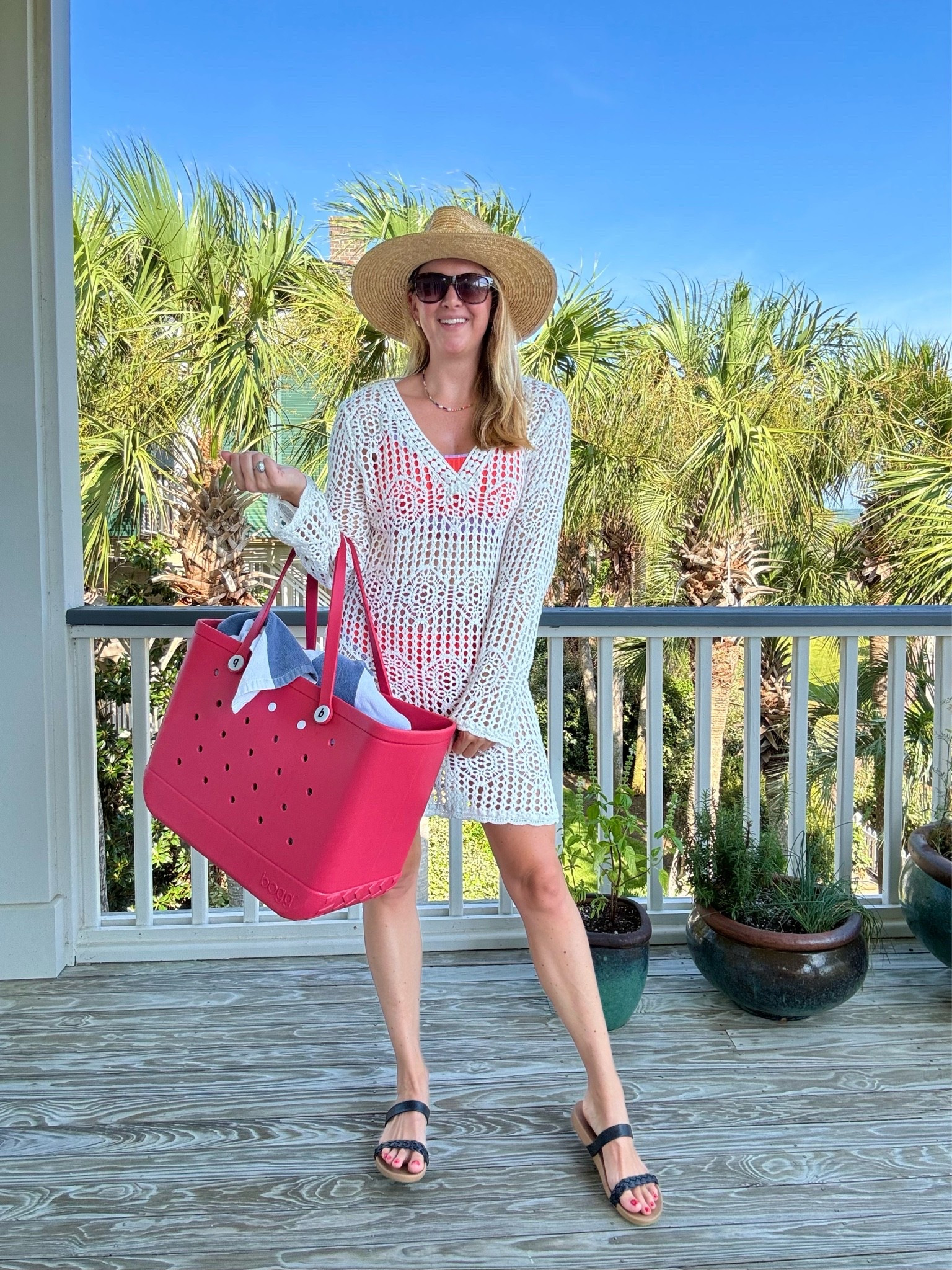 Vacation Mode Necessities- my favorite things for a good beach day
- cute color block swim suit
- crochet cover up 
- red beach bag 
- big straw beach hat
- a good book
- towel
- sunglasses

Not pictured - sunscreen and my favorite water bottle

#LTKselfcare #LTKTravel #LTKSeasonal