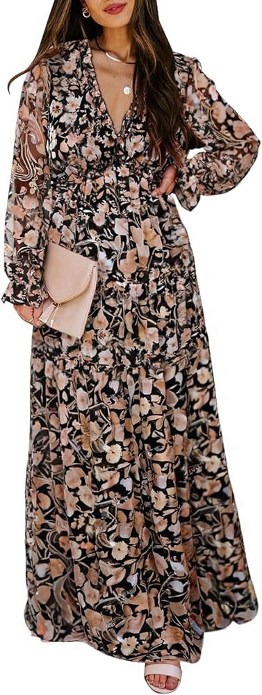 BLENCOT Womens Casual Boho Floral Deep V Neck Long Sleeve Maxi Dress | Amazon (US)