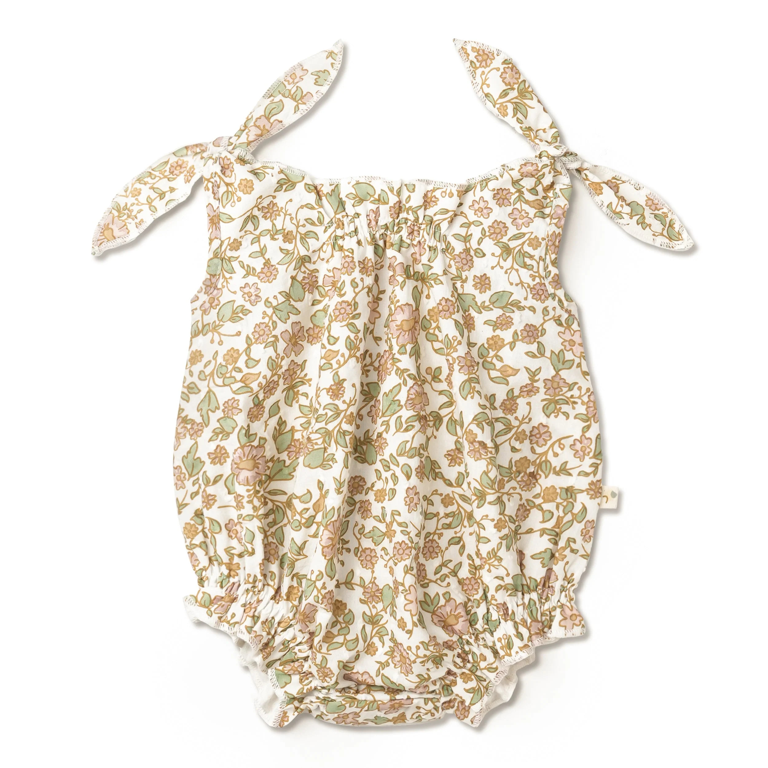 Organic Cotton Tie Shoulder Bubble Romper- Tuscan Bloom| Makemake Organics | Makemake Organics