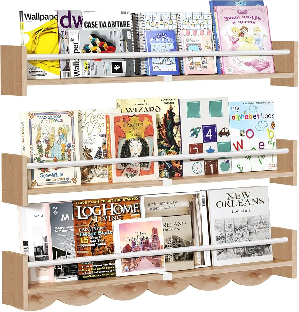 34Inch Nursery Bookshelves Wall Mounted,Wooden Floating Shelf Kids Coat Rack with 6Hooks,Hanging ... | Amazon (US)