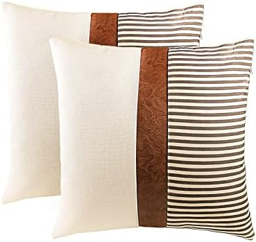 Farmhouse Decorative Throw Pillow Covers 18x18, Set of 2 Couch Pillow Cover for Living Room, Stri... | Amazon (US)