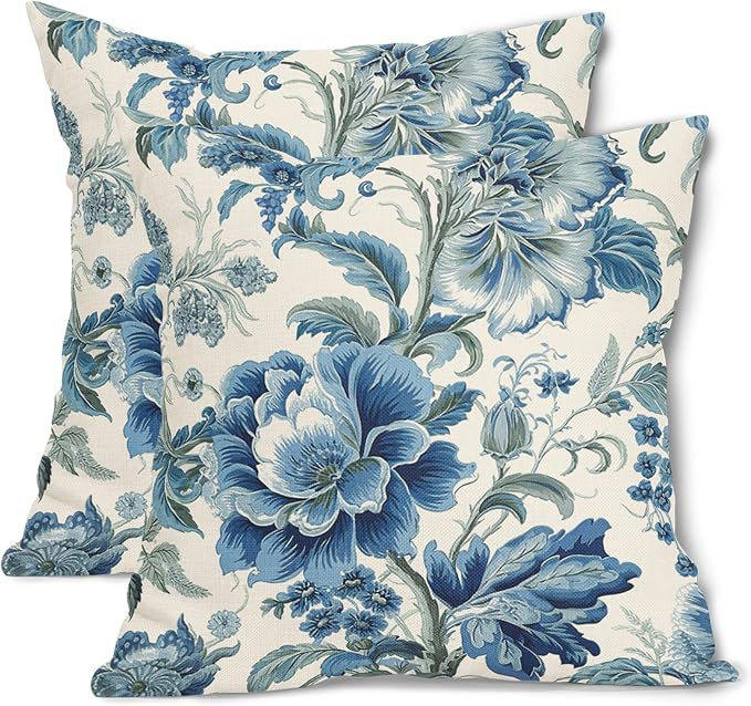 Blue Throw Pillow Covers 20x20 Inch Chinoiserie Pillow Cover Spring Summer Blue Floral Outdoor Pi... | Amazon (US)