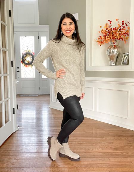 Easy, casual look you can easily re-create for thanksgiving!! You know I’m truly in a new season of life when my booties are flat for a holiday - these are currently on sale, are water resistant and so comfortable! Perfect for chasing a toddler around. Also, my faux leather leggings may look like their designer counterpart BUT they’re from Amazon for $29! No one will know if you had any extra turkey thanks to the light compression. They’re not restricting at all though. Such an amazing find  

#LTKbeauty #LTKSeasonal #LTKHoliday
