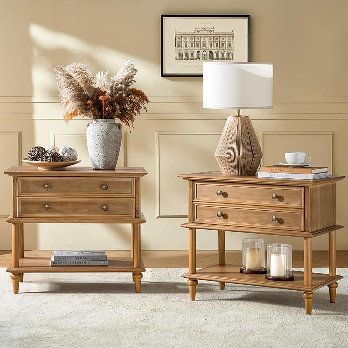 HULALA HOME Farmhouse Nightstand Set of 2 with Drawer & Open Shelf, Natural Wood End Table with S... | Amazon (US)