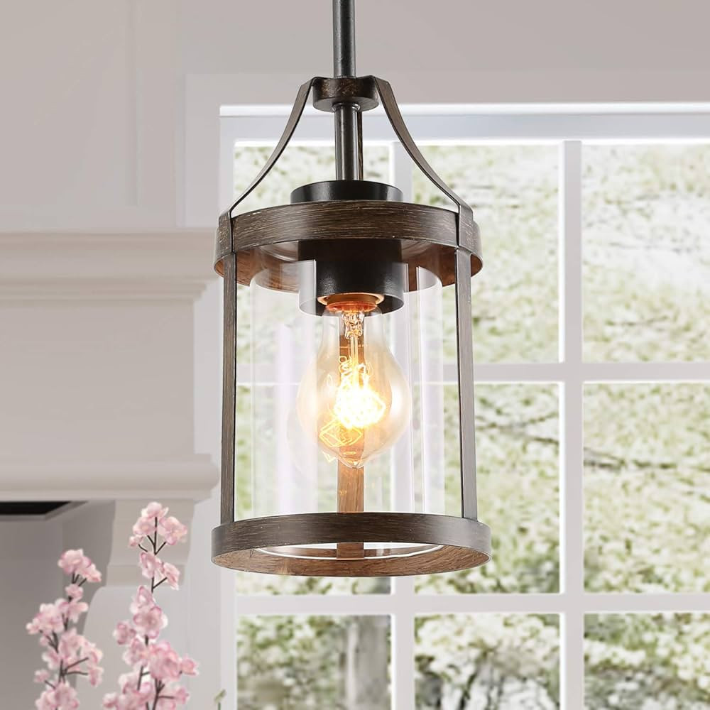 LNC Farmhouse Mini Faux Wood Pendant Lighting with Clear Cylinder Glass Shade for Kitchen Island,... | Amazon (US)