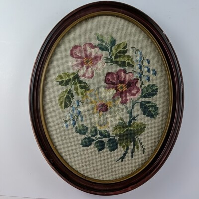 Large Vintage Flower Needlepoint Oval Frame Wall Art Grandma Core Cottage Core | eBay US