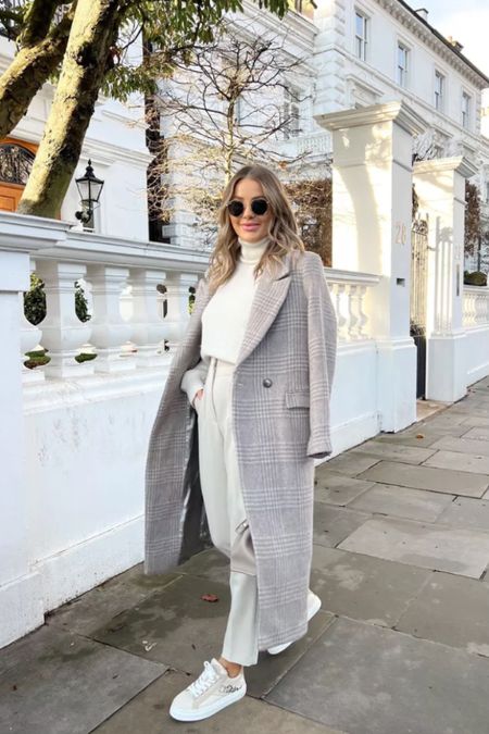 Cream & grey outfit perfect for pre spring around the city. Cream cigarette trousers, cream roll neck jumper, Chloe trainers, long coat and round rayban sunnies

#LTKSeasonal #LTKstyletip #LTKeurope
