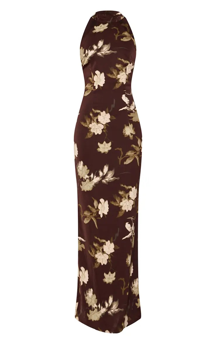 Chocolate Floral Print Chiffon Halterneck Maxi Dress | PrettyLittleThing UK