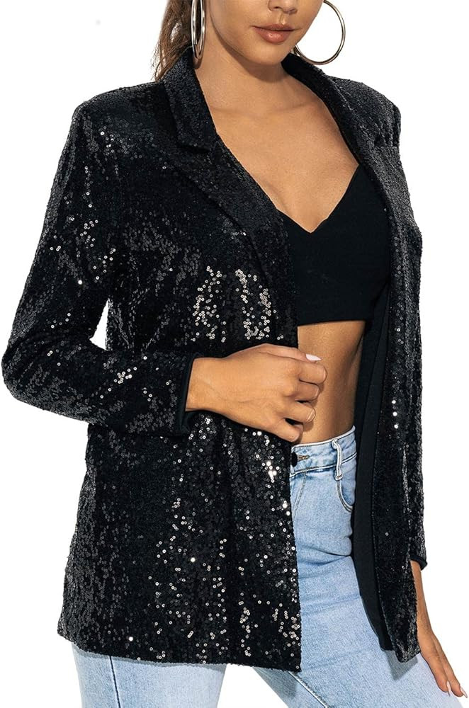Edary Women's Sequin Jacket Casual Open Front Blazer Jackets Glitter Sparkle Lapel Long Sleeve Ca... | Amazon (US)