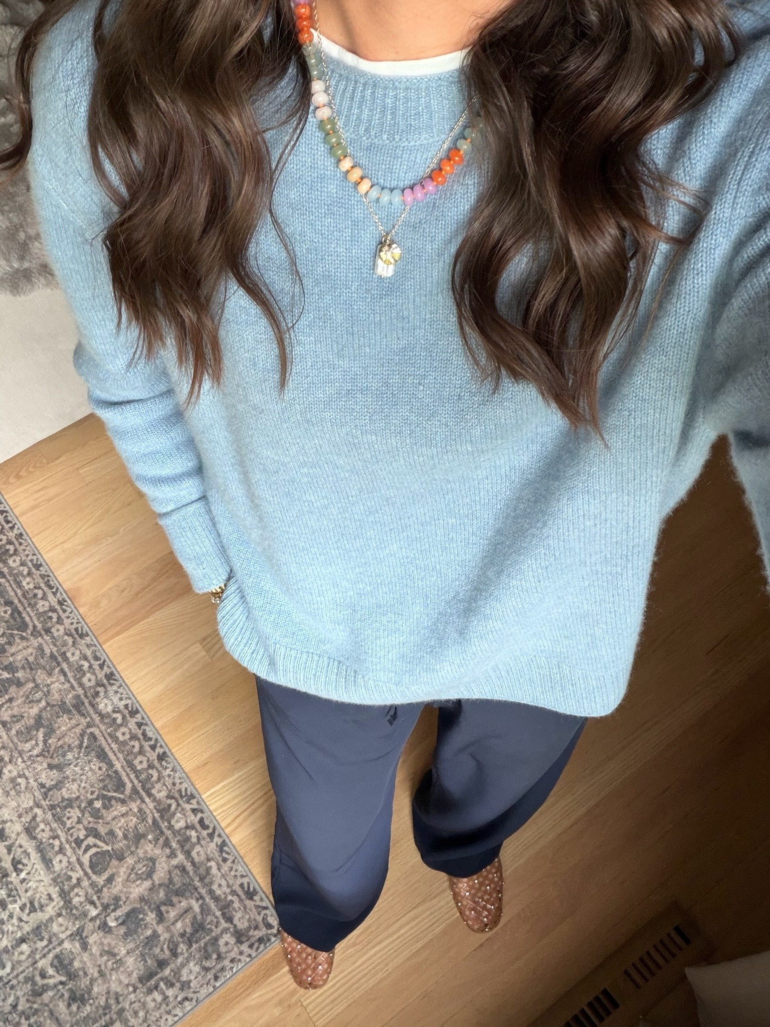 Today’s outfit. I’m loving any shade of blue this season. 

Sweater - medium
Pants - small tall