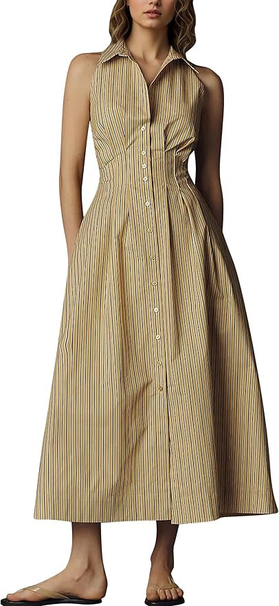 Sleeveless Shirt Dress Women Collared Button Down Pleated Midi Dress Summer Casual Striped Blouse... | Amazon (US)