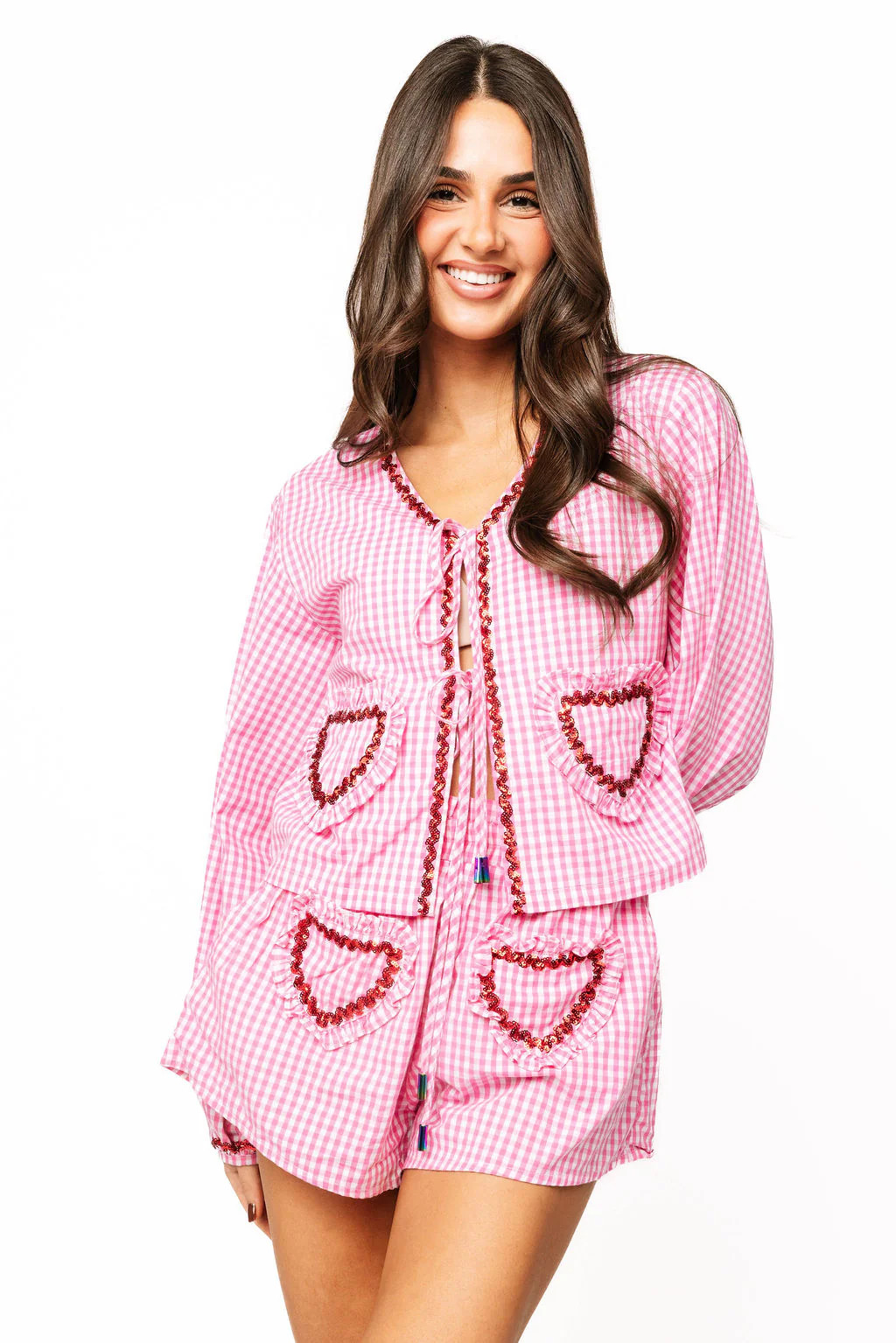 Pink & White Gingham Ruffle Heart Pocket Tie Up Top | Queen of Sparkles