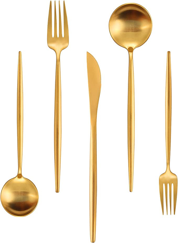 Matte Gold Silverware Set for 4, IBIILII JEFF 20 Pieces Stainless Steel Flatware Set，Kitchen Ut... | Amazon (US)