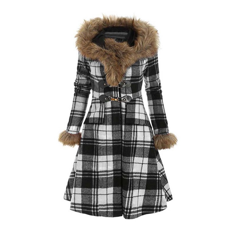 Yolossia Womens Plaid Parka Peacoat Fur Trim Hooded Wool Coat Outwear | Walmart (US)