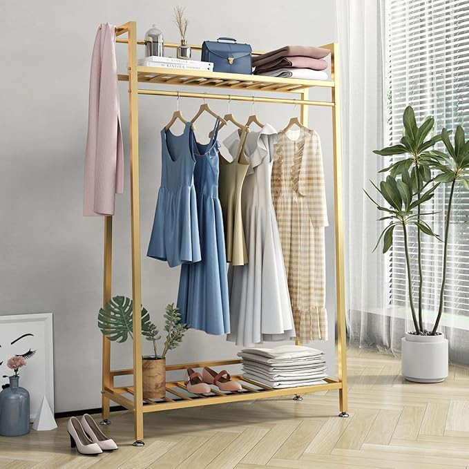 Modern Clothing Rack on Wheels Gold Display Rack with 2-tier Shelf Metal Hanging Rack Gold Clothe... | Amazon (US)