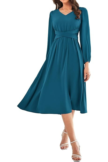 GRACE KARIN Damen Teekleid mit Fliege V-Ausschnitt Langarm Kleid Rücken gesmokt Versteckter Reißverschluss | Amazon (DE)