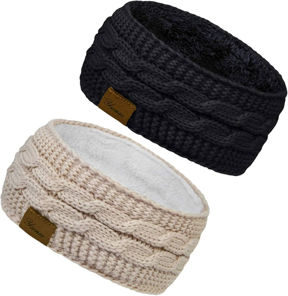 YSense 2 Pack Ear Warmer Headband Women Winter Cable Knit Headband Twist Fuzzy Fleece Lined Gifts... | Amazon (US)