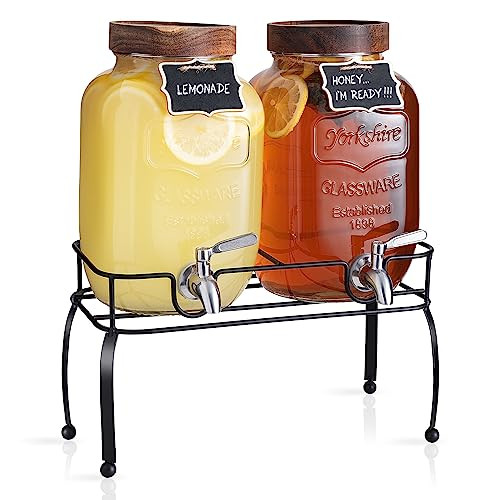 mustry Glass Drink Dispenser for Parties, 1 Gallon Beverage Dispenser with Stand and Spigot Solid Stainless Steel, Used as Lemonade Dispenser Sun Tea Jar Kombucha Jar, Set of 2 | Amazon (US)