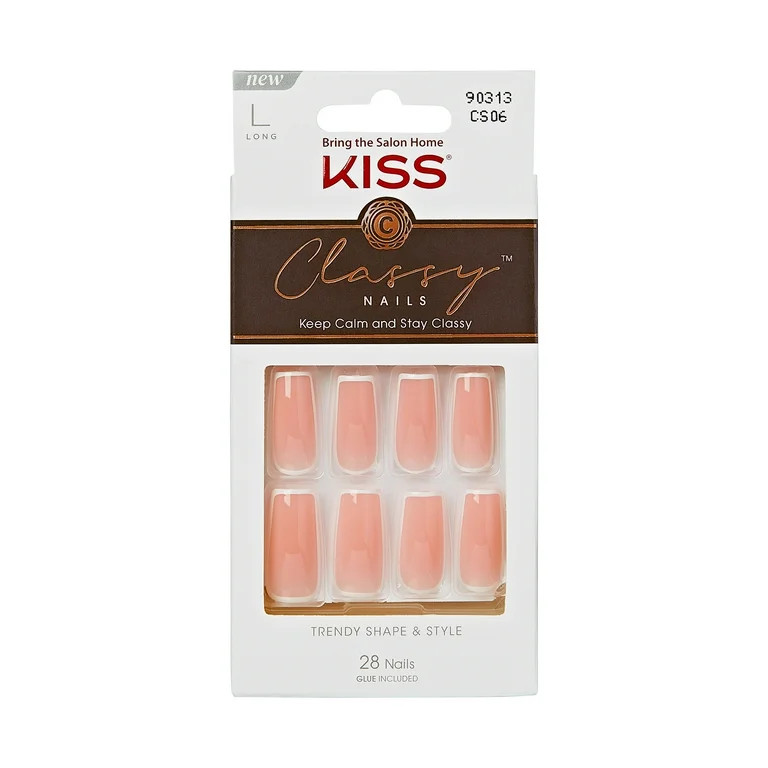 KISS Classy French Long Square Glue-On Nails, Glossy Light White, 28 pieces | Walmart (US)