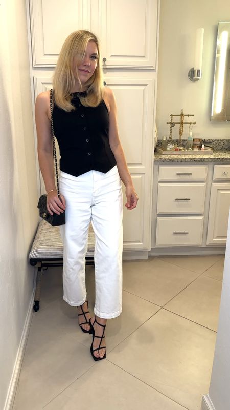 Black vest top
White denim
Sandals 

Jeans
Denim
White jeans 

Summer outfit 
Summer 
Vacation outfit
Vacation 
Date night outfit
#Itkseasonal
#Itkover40
#Itku

#LTKItBag #LTKVideo #LTKShoeCrush