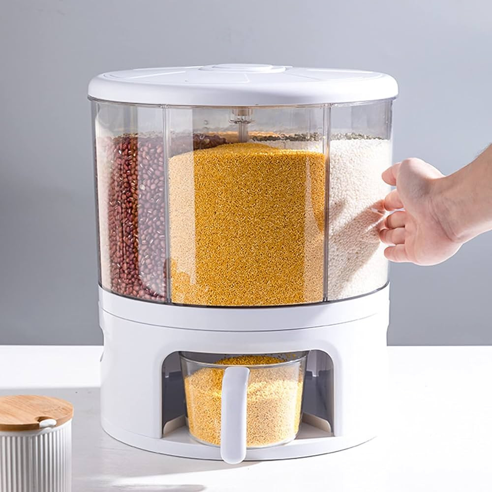 PIOJNYEN Grain Dispenser, 360° Rotating 6 Grid Food Dispenser, 24lb Rice and Grain Storage Conta... | Amazon (US)