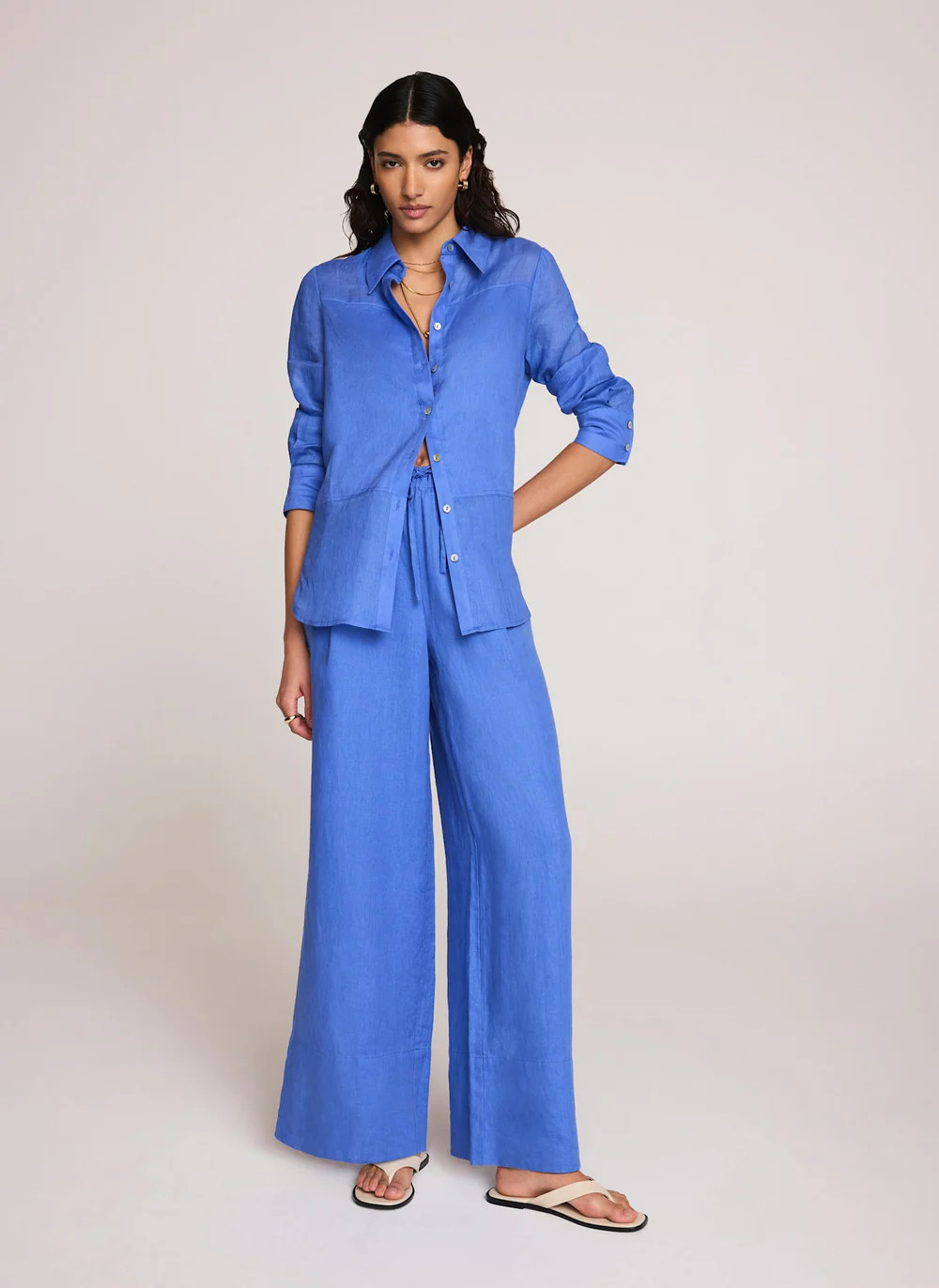 Blue Linen Drawstring Wide Leg Trousers | Mint Velvet
