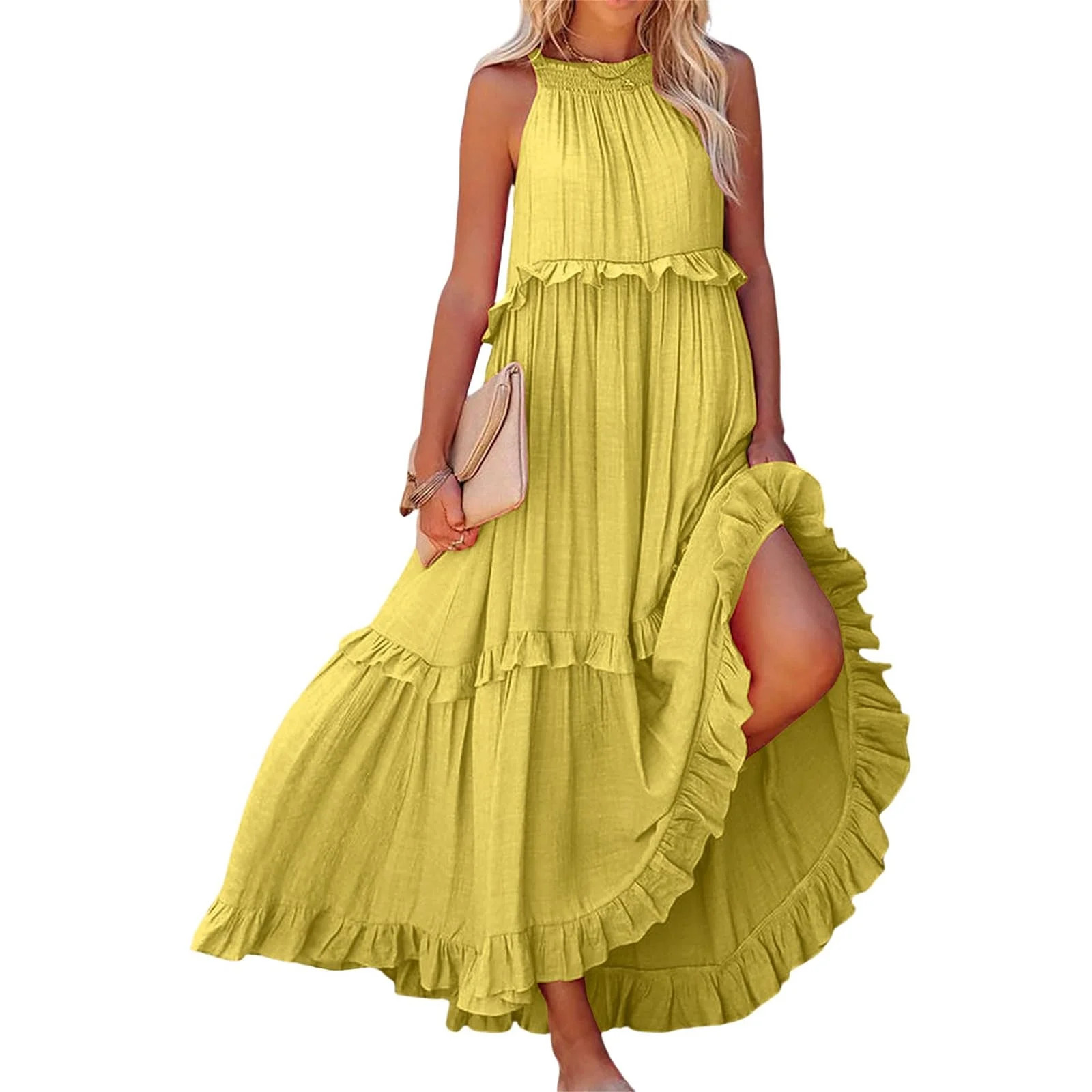 Womens Summer Dress Cotton Sleeveless Halter Layered Ruffles Casual Boho Flowy Maxi Dress Yellow ... | Walmart (US)