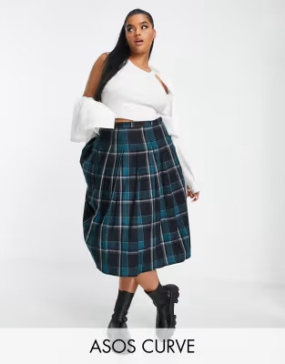 ASOS DESIGN Curve pleated midi kilt skirt in green plaid  | ASOS | ASOS (Global)