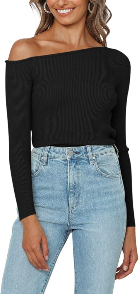 Women's Off Shoulder Long Sleeve Oblique Shoulder Striped Shirts Slim Blouse Tops | Amazon (US)