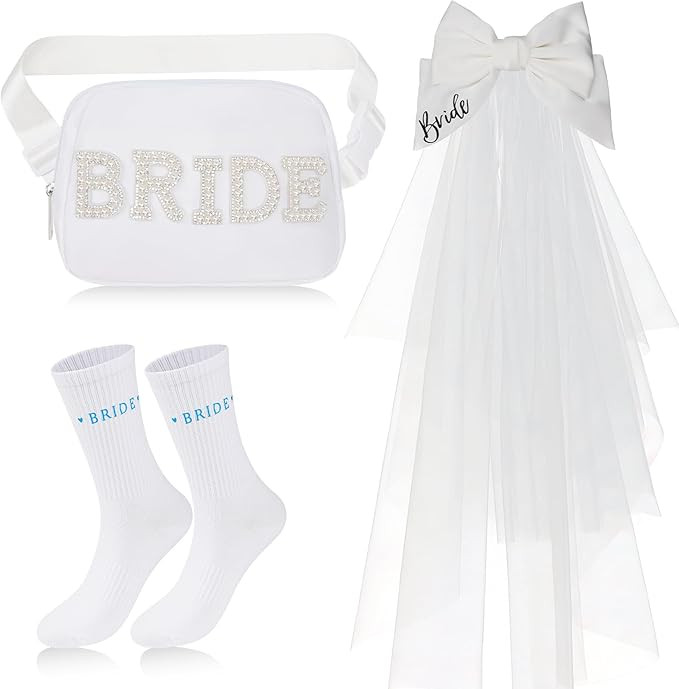 3Pcs Bride to Be Gifts Set, Pearl Fanny Pack and Bow Wedding Veil and Bride Socks for Wedding Day... | Amazon (US)