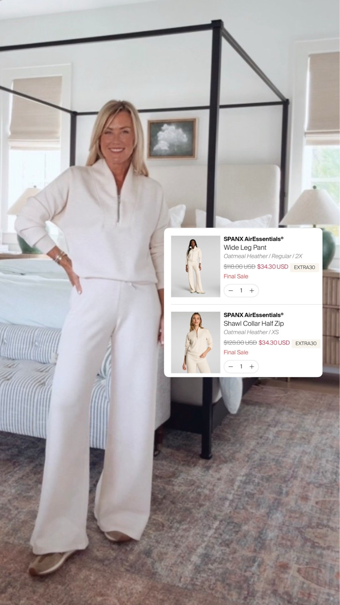 Crazy good spanx sale, plus extra 30% off! This air essential set is hands-down one of my faves! 

Top: xs
Pants: small reg￼￼

#LTKOver40 #LTKSaleAlert