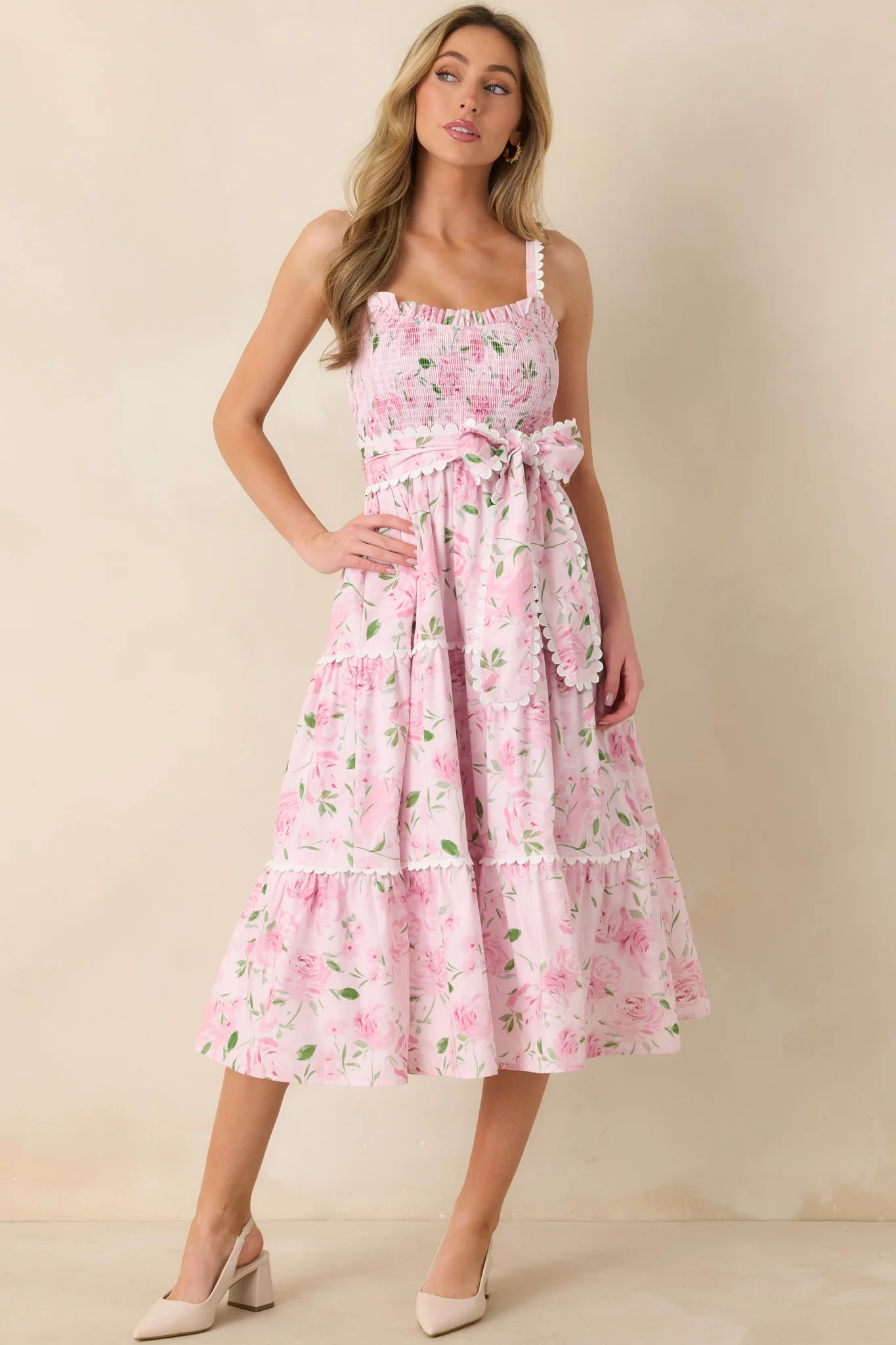 Prosperina Darcy Light Pink Floral Print Cotton Maxi Dress | Red Dress