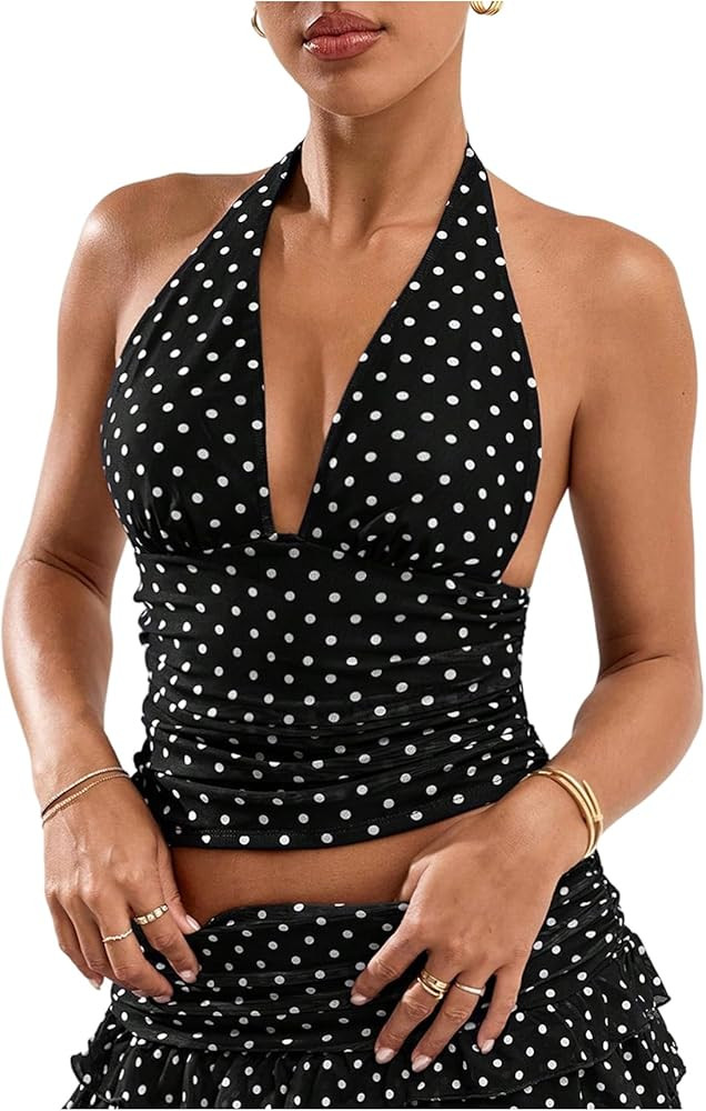 Milumia Women Polka Dots Tie Backless Mesh Halter Crop Top Deep V Neck Ruched Party Club Tank Top... | Amazon (US)
