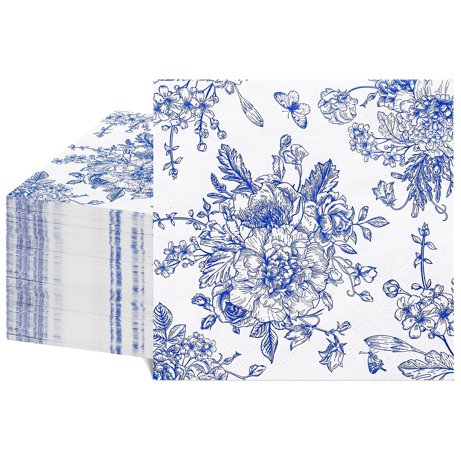 NatNarr 100 Pcs Blue Floral Napkins, Blue and White Toile Cocktail Napkins Vintage Flower Butterf... | Amazon (US)