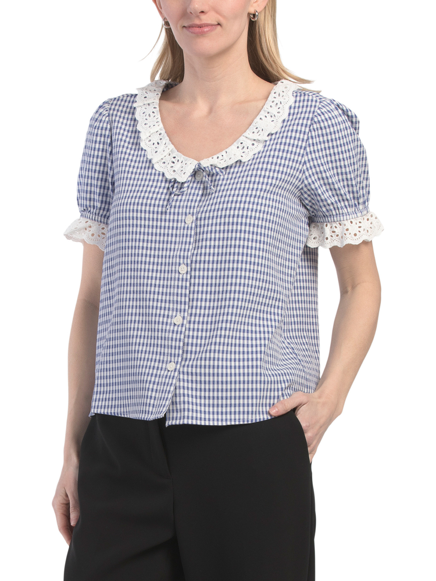 Gingham Eyelet Trim Blouse | TJ Maxx