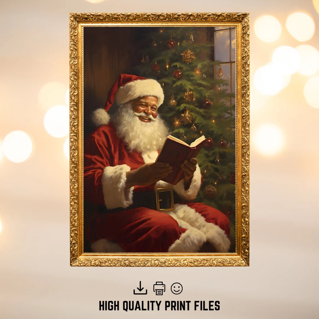 Christmas Oil Painting Black Santa Reading Printable Wall Art. Vintage Christmas African American... | Etsy (US)
